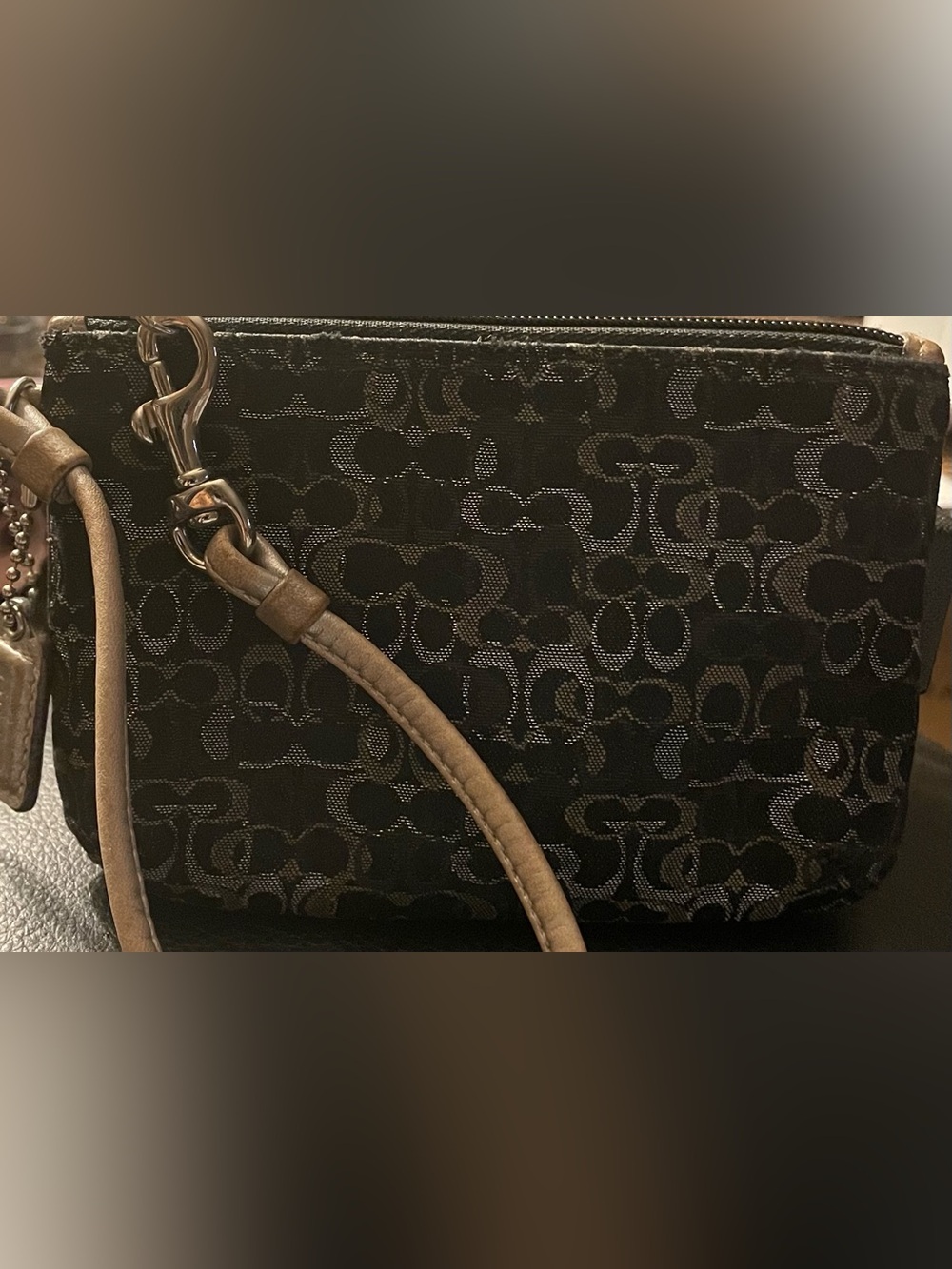 Coach Black Signature Jacquard Wristlet with Taupe Strap